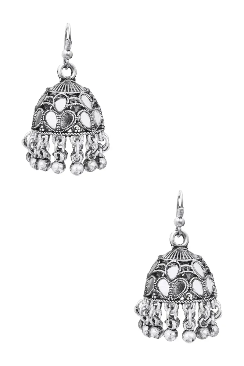 Oxidised Silver Fish Hook Jhumki Earrings for Women