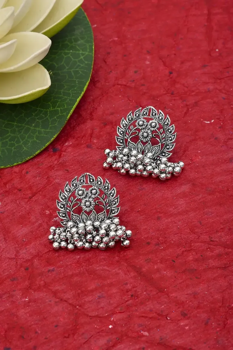 Oxidised Silver Floral Design Chand Bali Earrings for Women