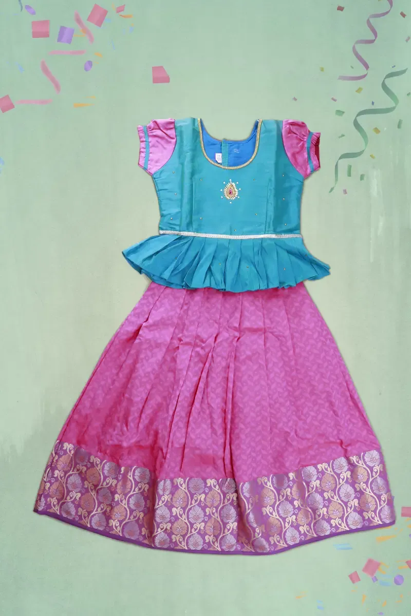 Girl's Art Silk Stone Work Pattu Pavadai - Pink