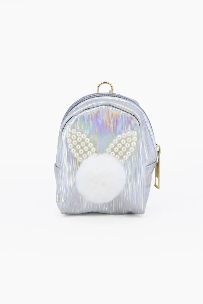 Mini Coin Purse Keychain with Fluffy Pompom 012575ASH