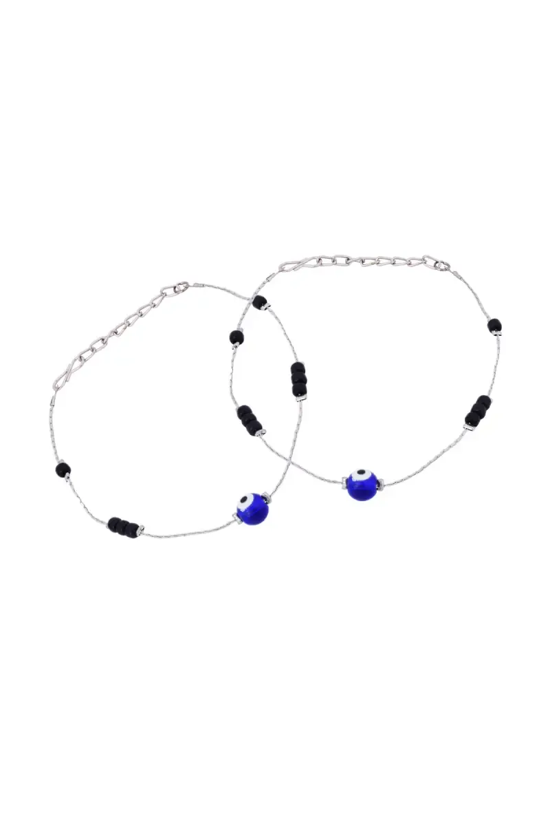 Silver Plated Evil Eye and Black Beads Anklets for Women