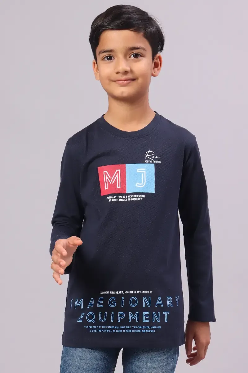 Boy's Typographic Print Cotton T-shirt  01296245YRSNAVBLU