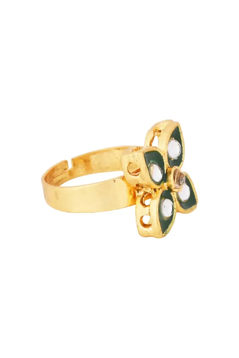 Leaf Design Kundan Stone Adjustable Ring for Women