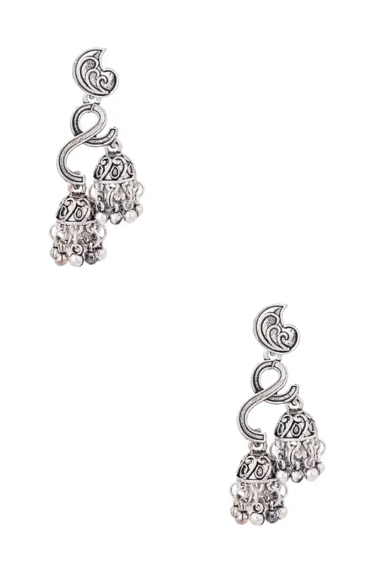 Oxidised Silver Double Jhumki Drops Earrings for Women