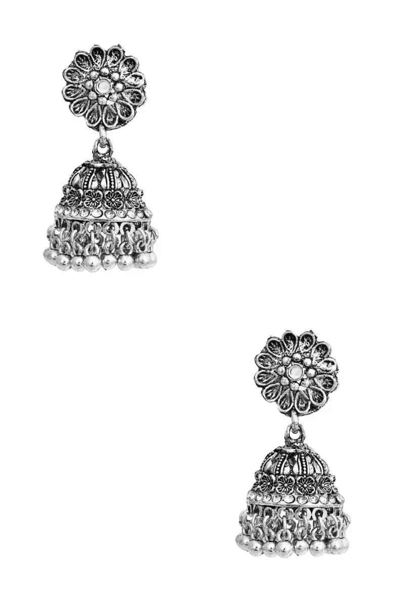 Oxidised Silver Floral Jhumki Earrings for Women