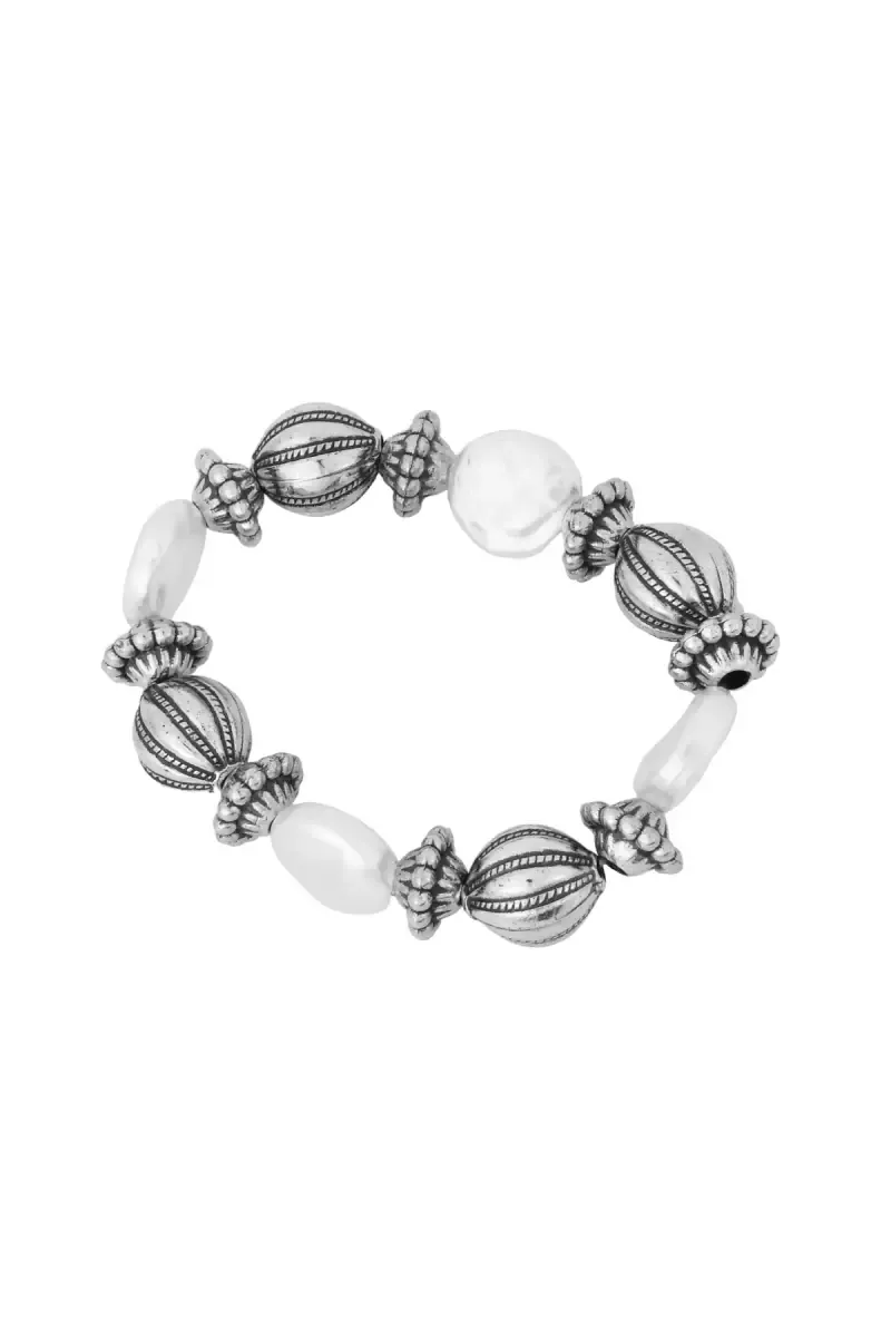 Oxidized Silver Pearls Stretchable Bracelet for Girls & Women