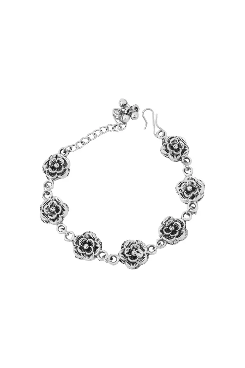 Oxidized Silver Floral Hook Bracelet for Women and Girls