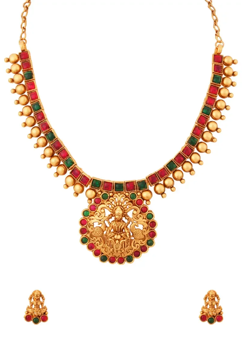 Gold Lakshmi Design Necklace with Earrings Set for Women