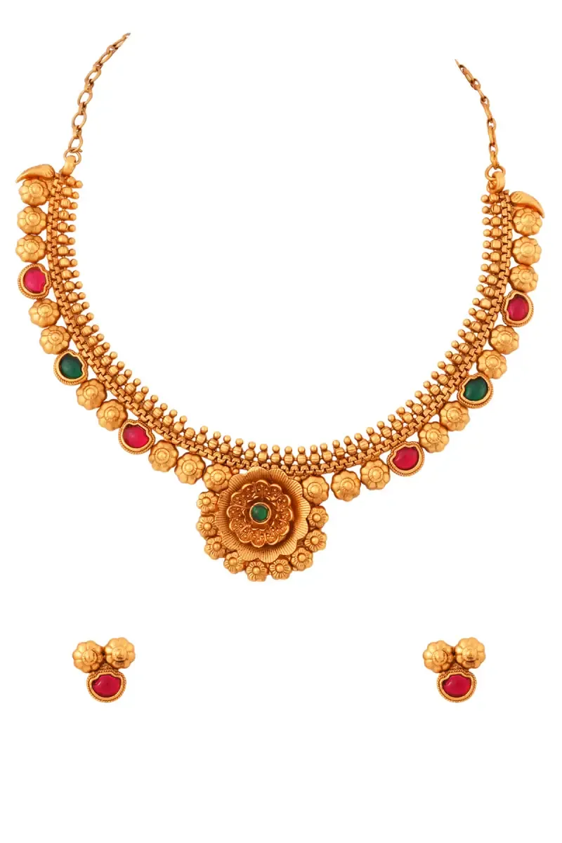 Gold Floral Design Necklace with Earrings Set for Women