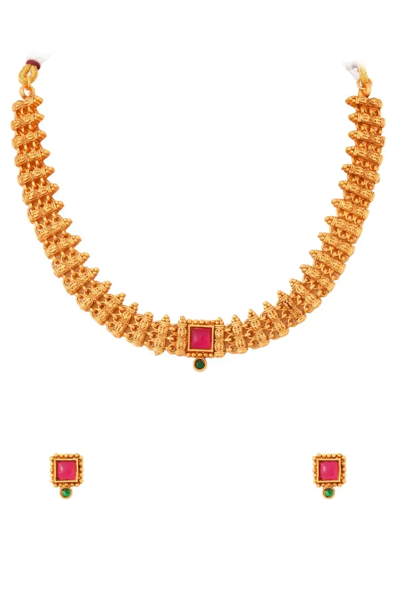 Gold Square Design Necklace with Earrings Set for Women
