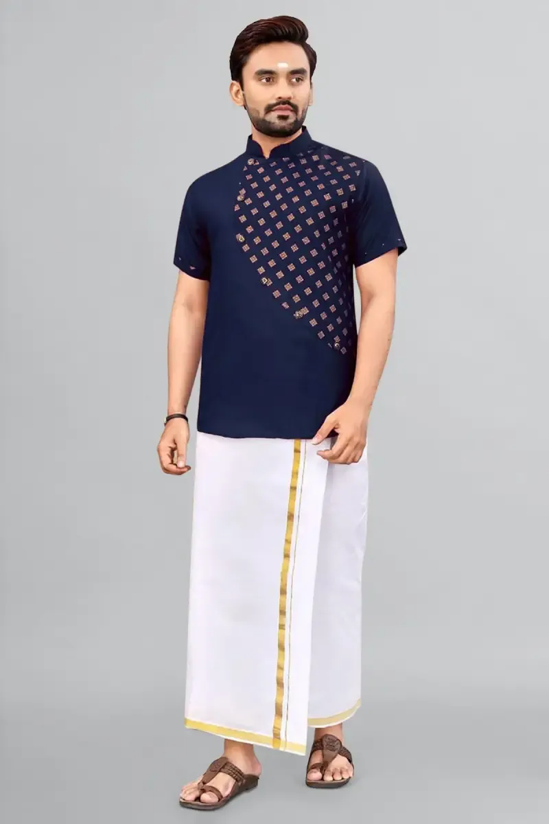 Cotton Gold Print Short Kurta for Men 014296XLNAVBLU