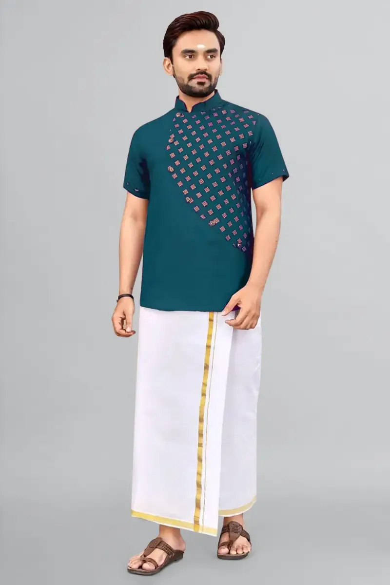 Cotton Gold Print Short Kurta for Men 014296XLTEA