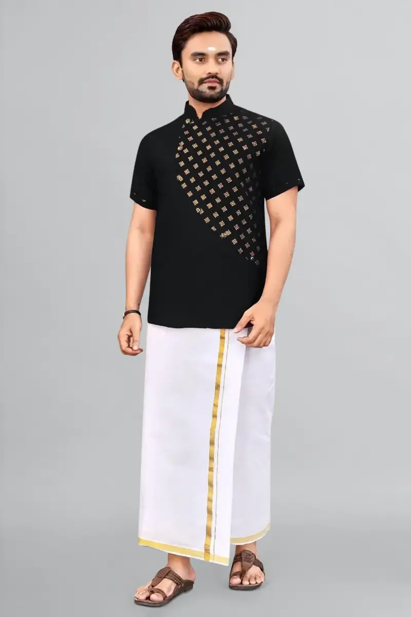 Cotton Gold Print Short Kurta for Men 014296XXLBLA