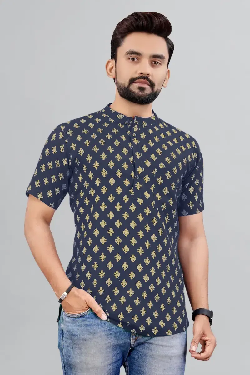 Cotton Gold Print Short Kurta for Men 0142984XLNAVBLU