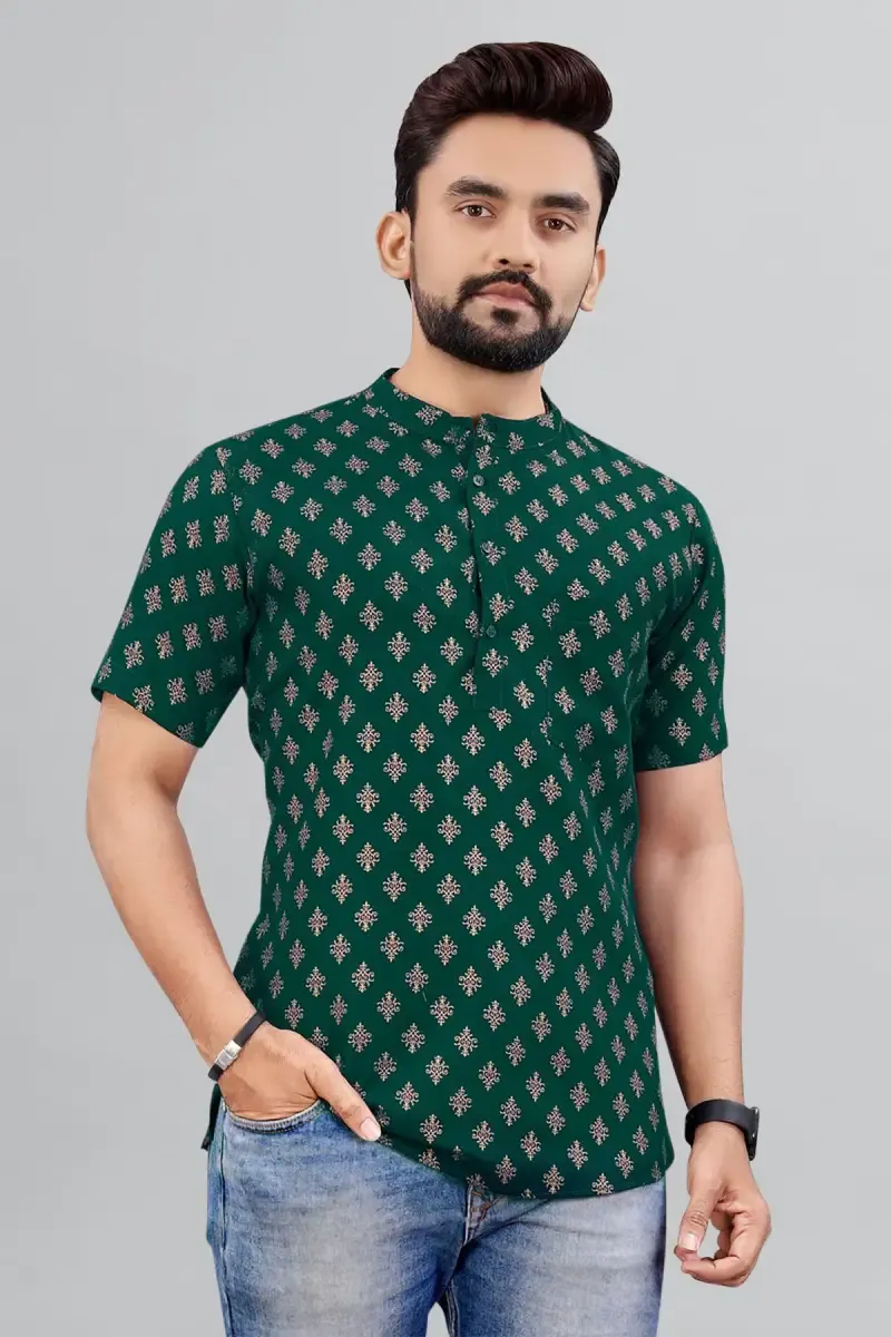 Cotton Gold Print Short Kurta for Men 0142985XLHUNGRE