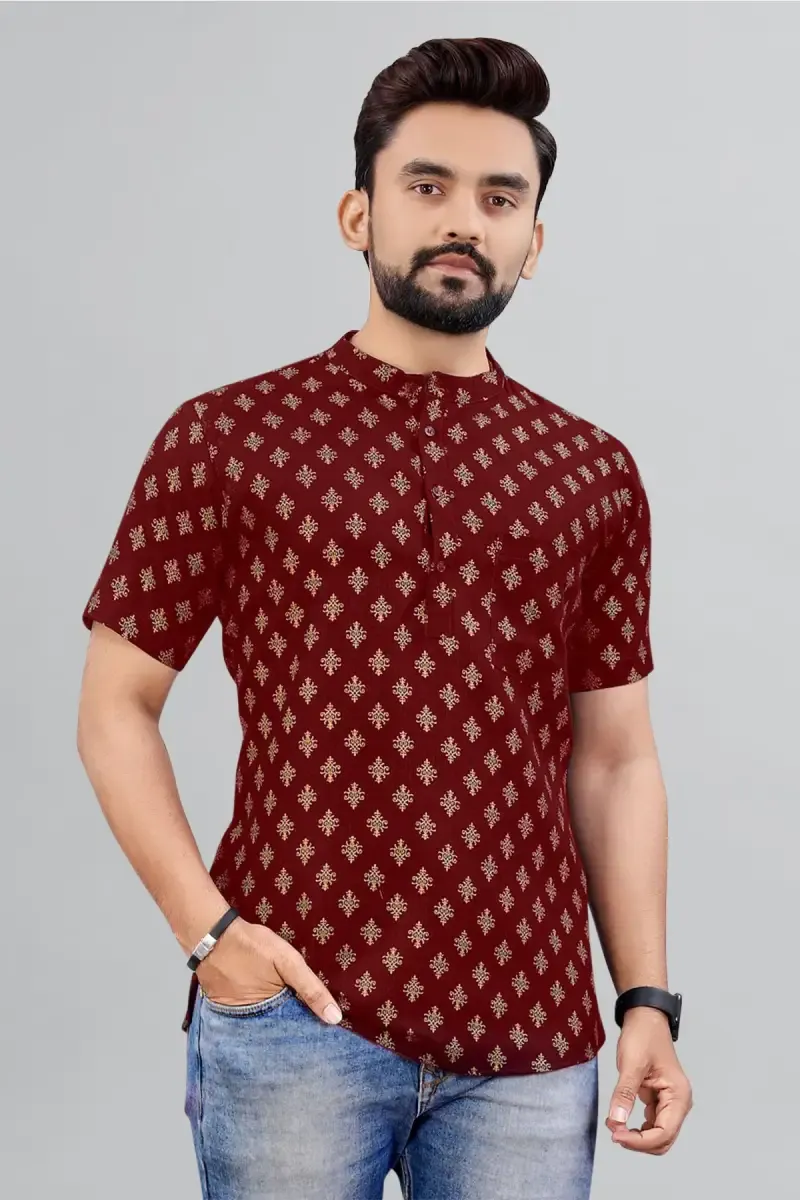 Cotton Gold Print Short Kurta for Men 014298MMAR