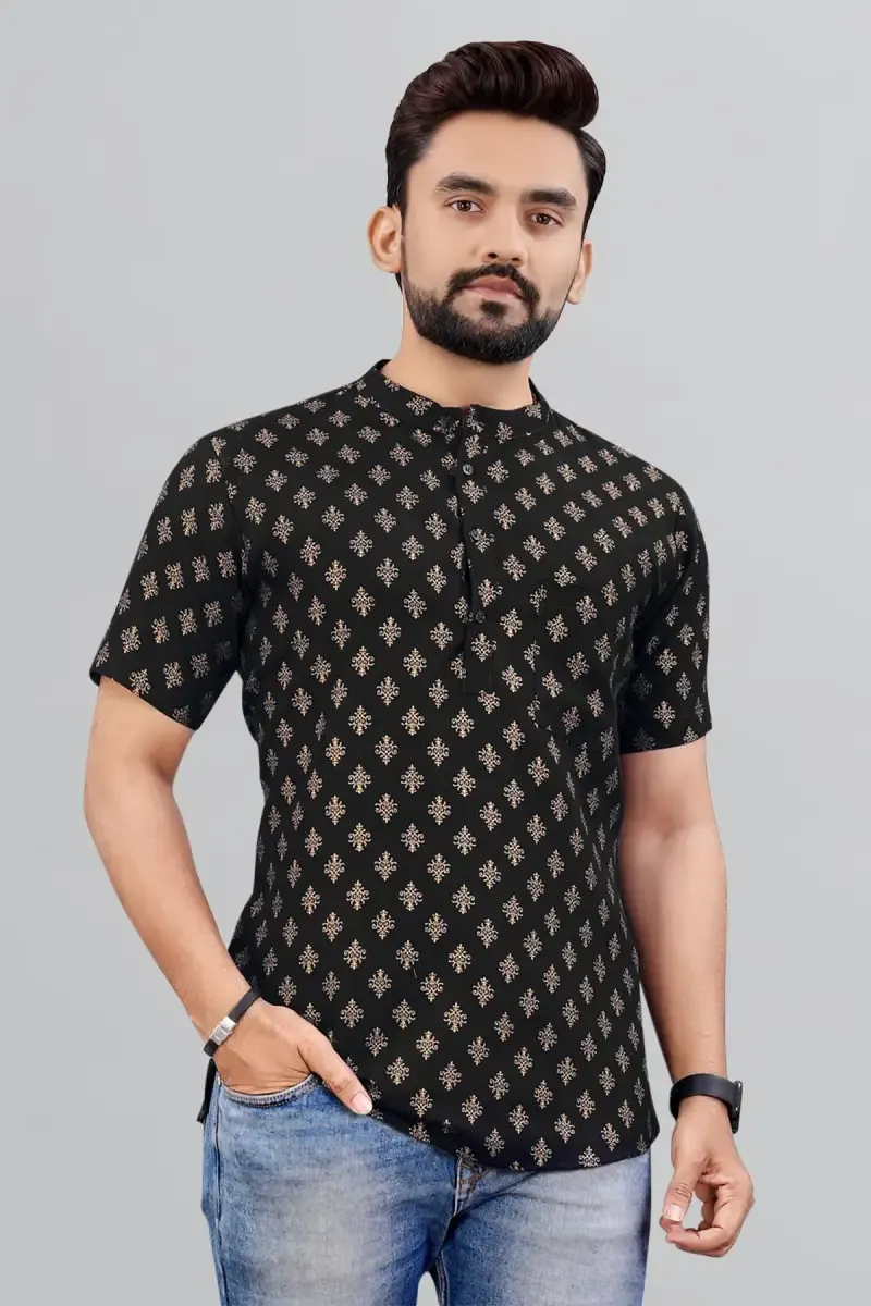 Cotton Gold Print Short Kurta for Men 014298SBLA