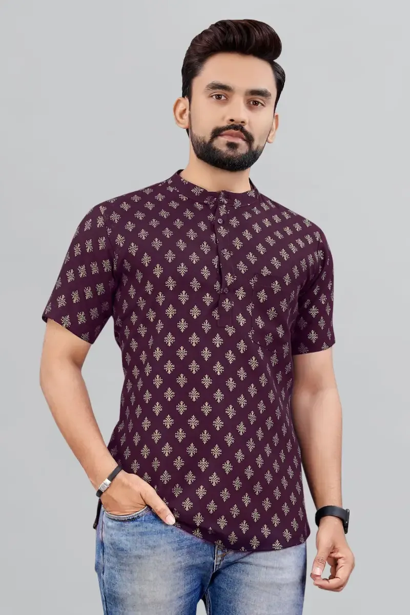 Cotton Gold Print Short Kurta for Men 014298SBUR