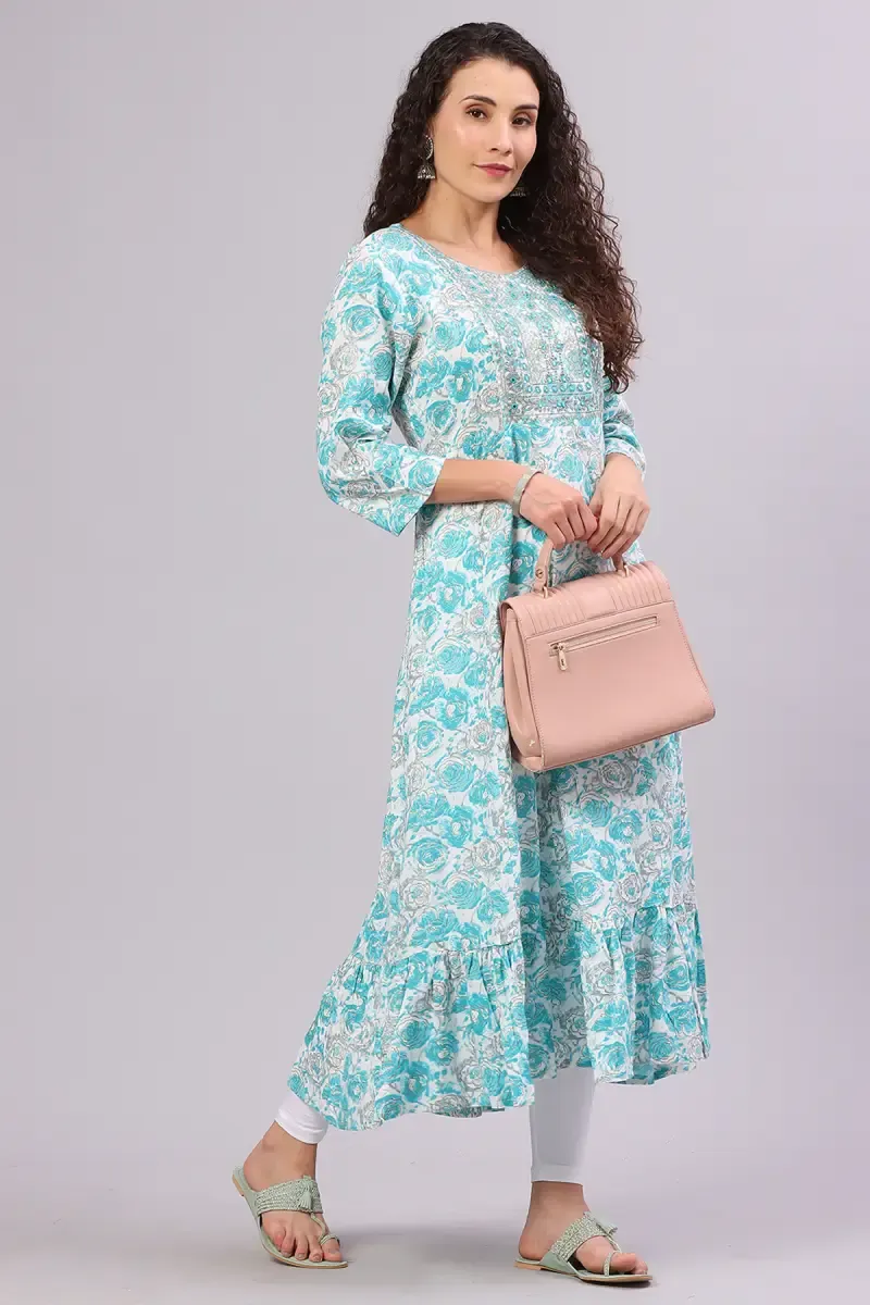 Cotton Blend Anarkali Kurti for Women  014332XLSKYBLU