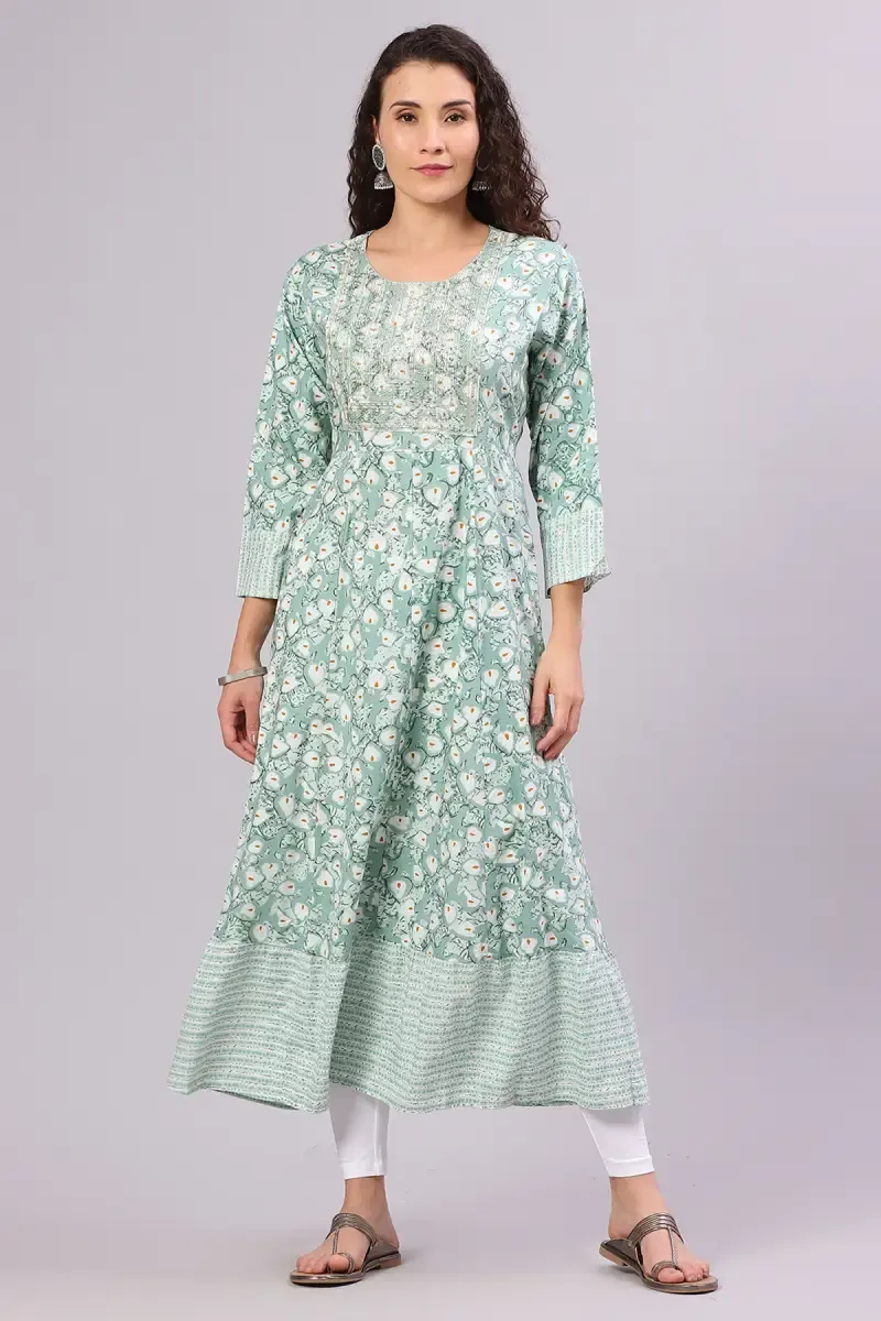 Cotton Blend Sequined A-Line Kurti for Women 014336XXLGRE