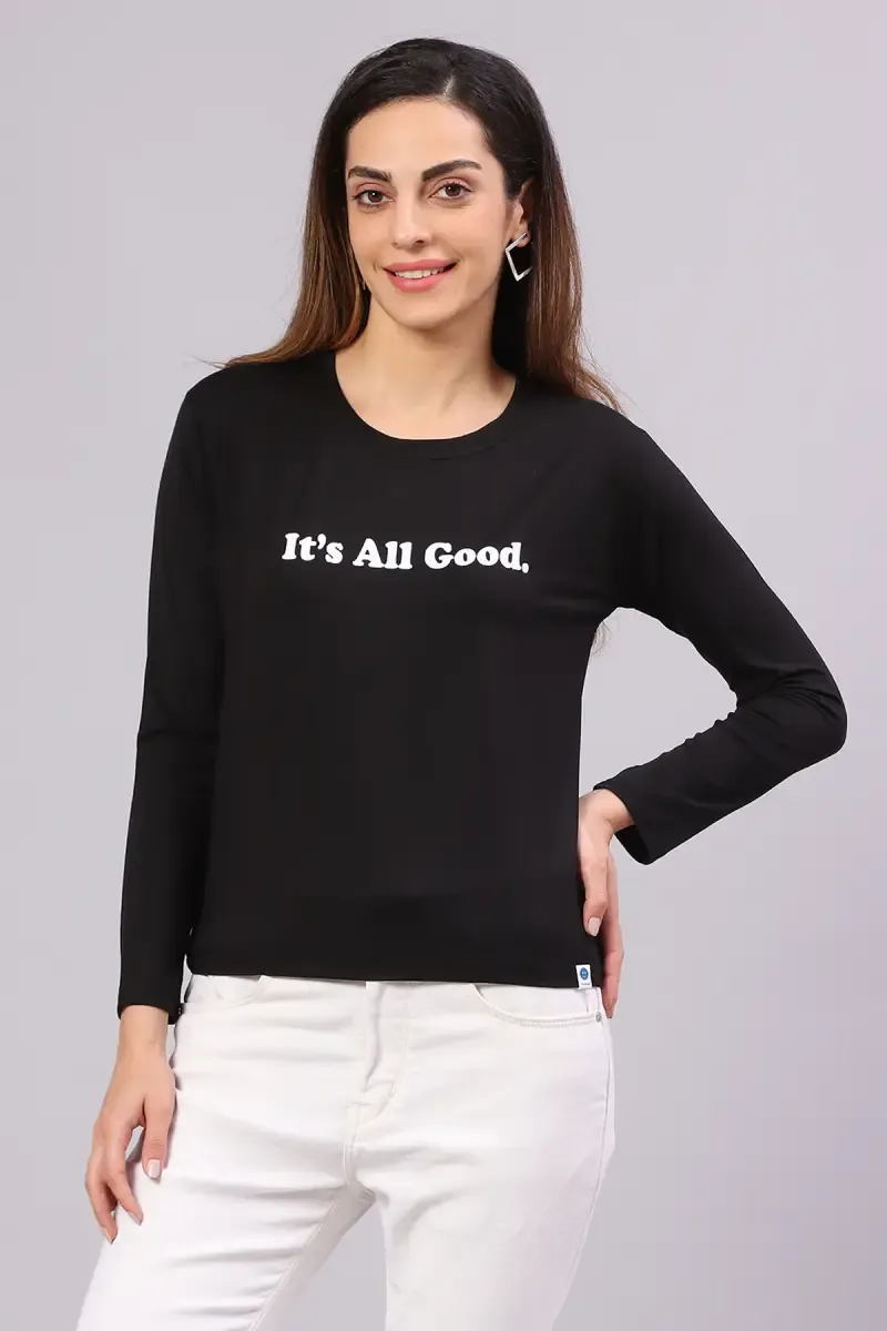 Cotton Blend Typographic Printed T-Shirt for Women 014405XLBLA