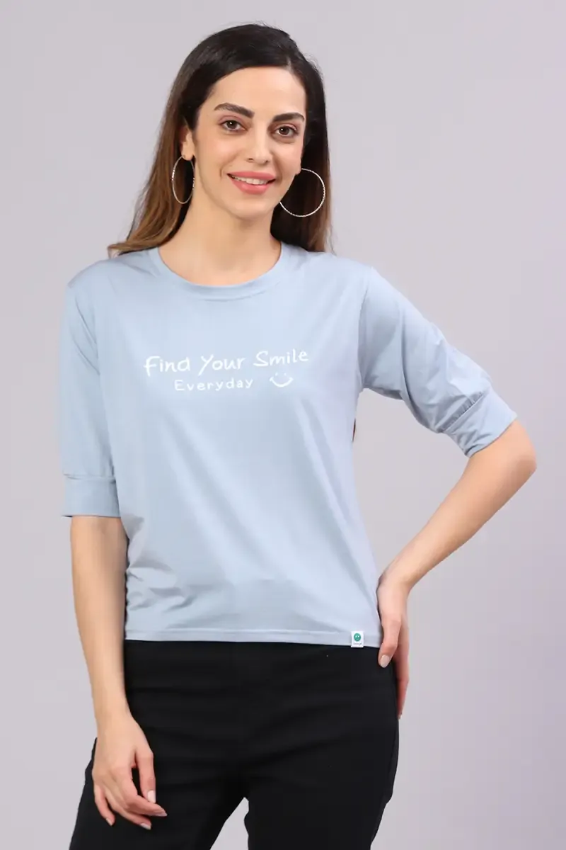 Cotton Blend Printed T-Shirt for Women 014453LPOWBLU