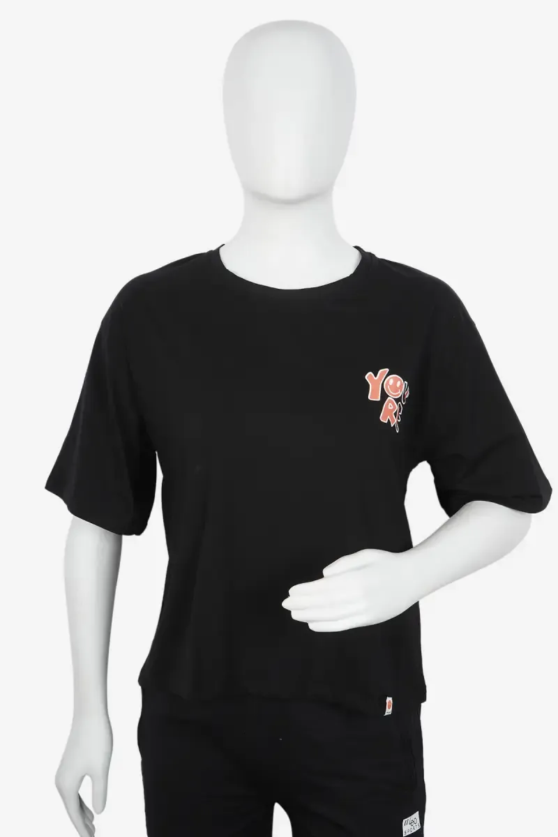 Cotton Blend Printed Drop Shoulder T-Shirt for Women