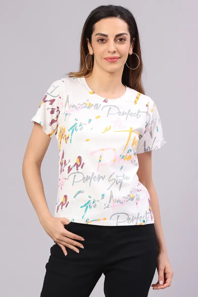 Cotton Blend Typographic Printed T-Shirt for Women 014514XLWHI
