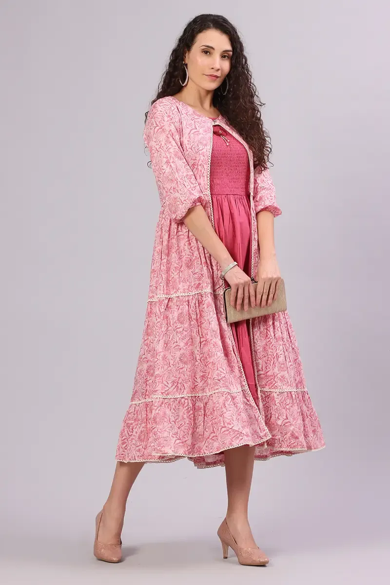 Cotton Printed Dress with Over Coat for Women 