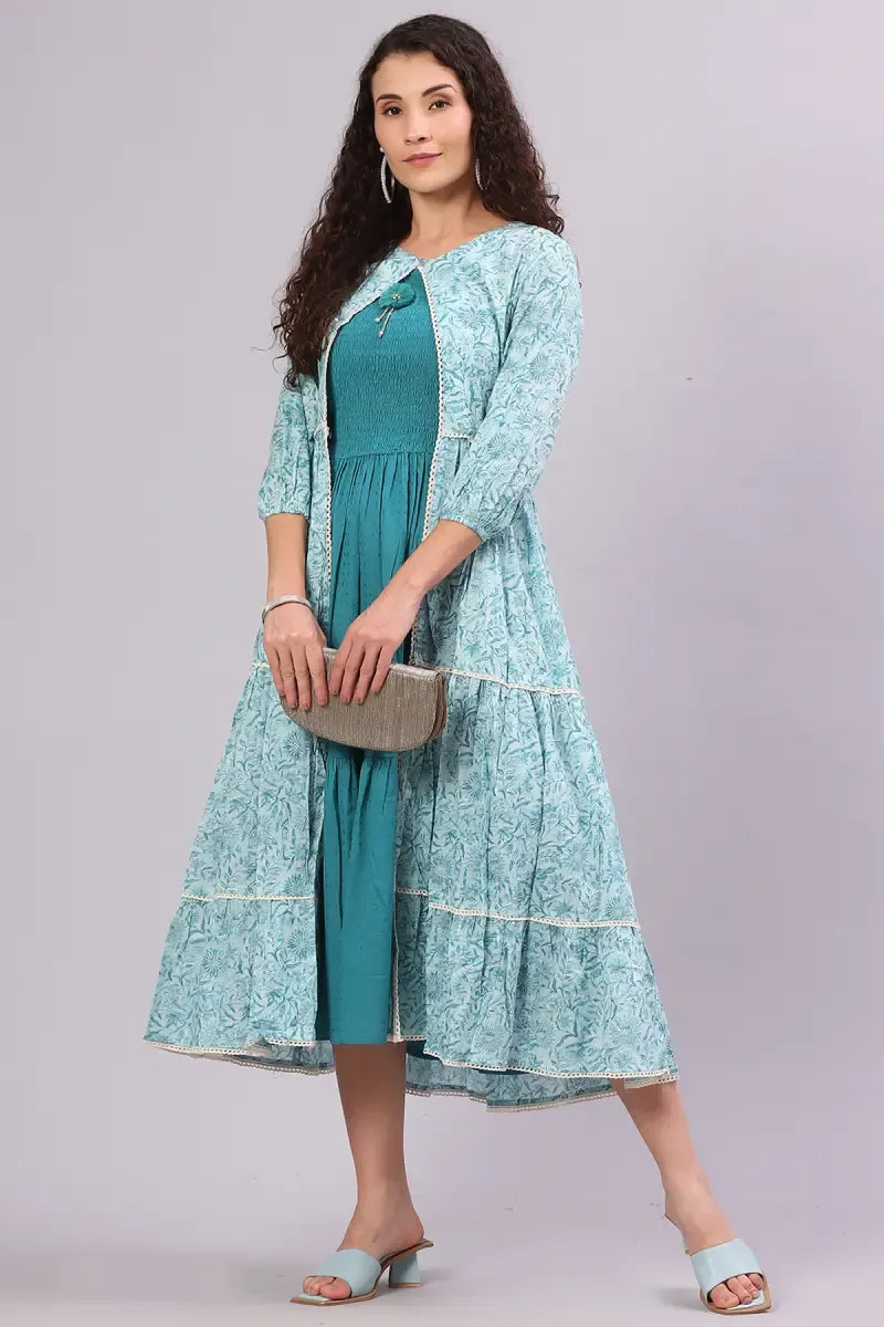 Cotton Printed Dress with Over Coat for Women  01467542BLU