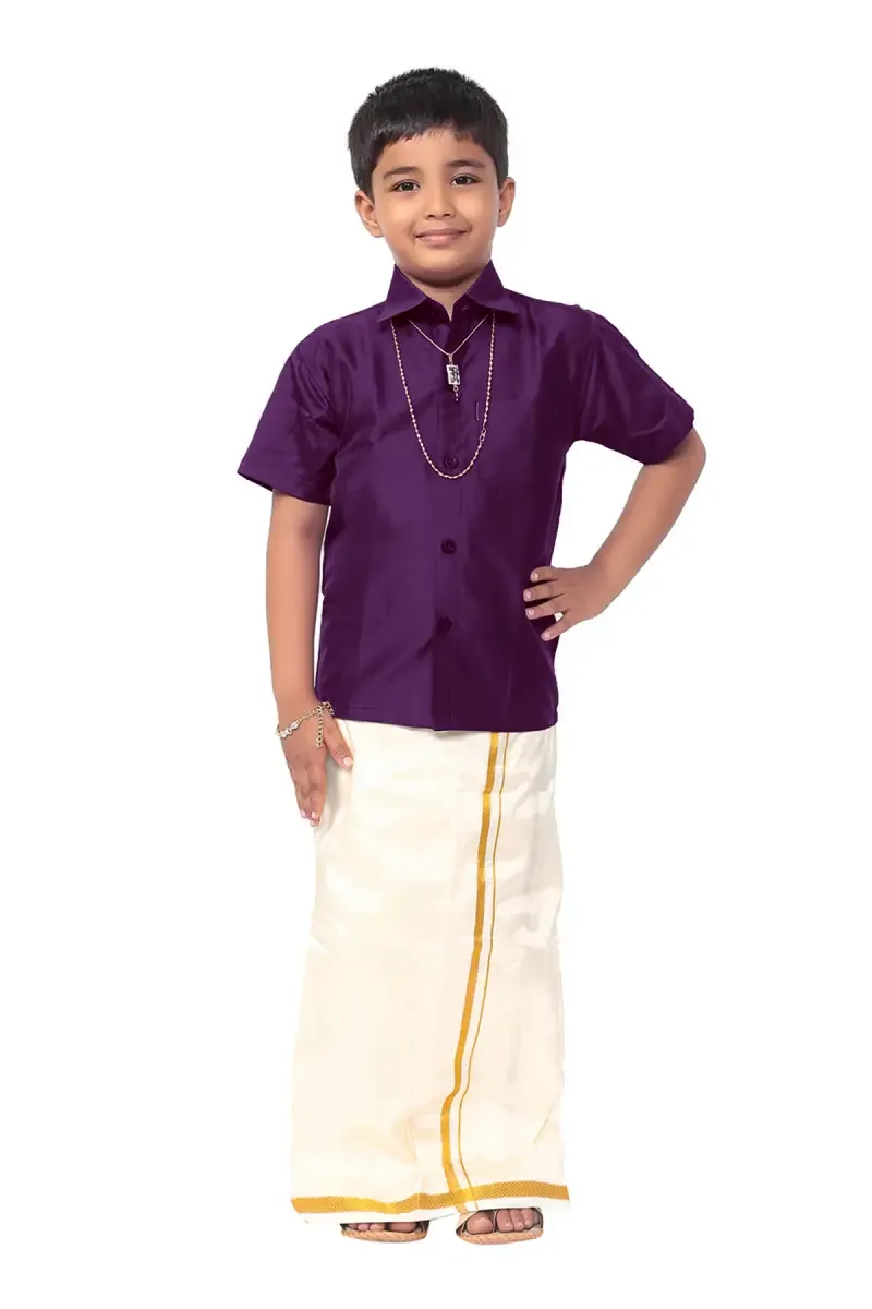 Boy's Art Silk Shirt & Dhoti with Angavasthuram 5 Pcs Set (Accessories Included)
