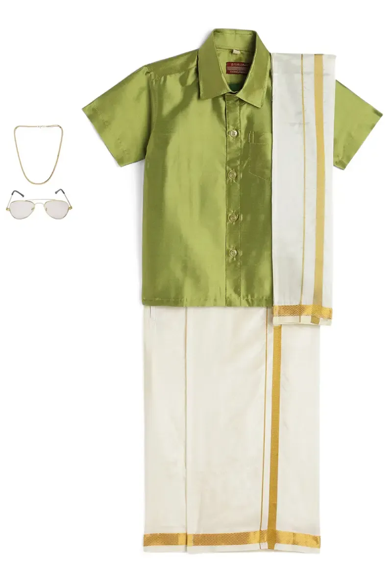 Boy's Art Silk Shirt & Dhoti with Angavasthuram 5 Pcs Set (Accessories Included)