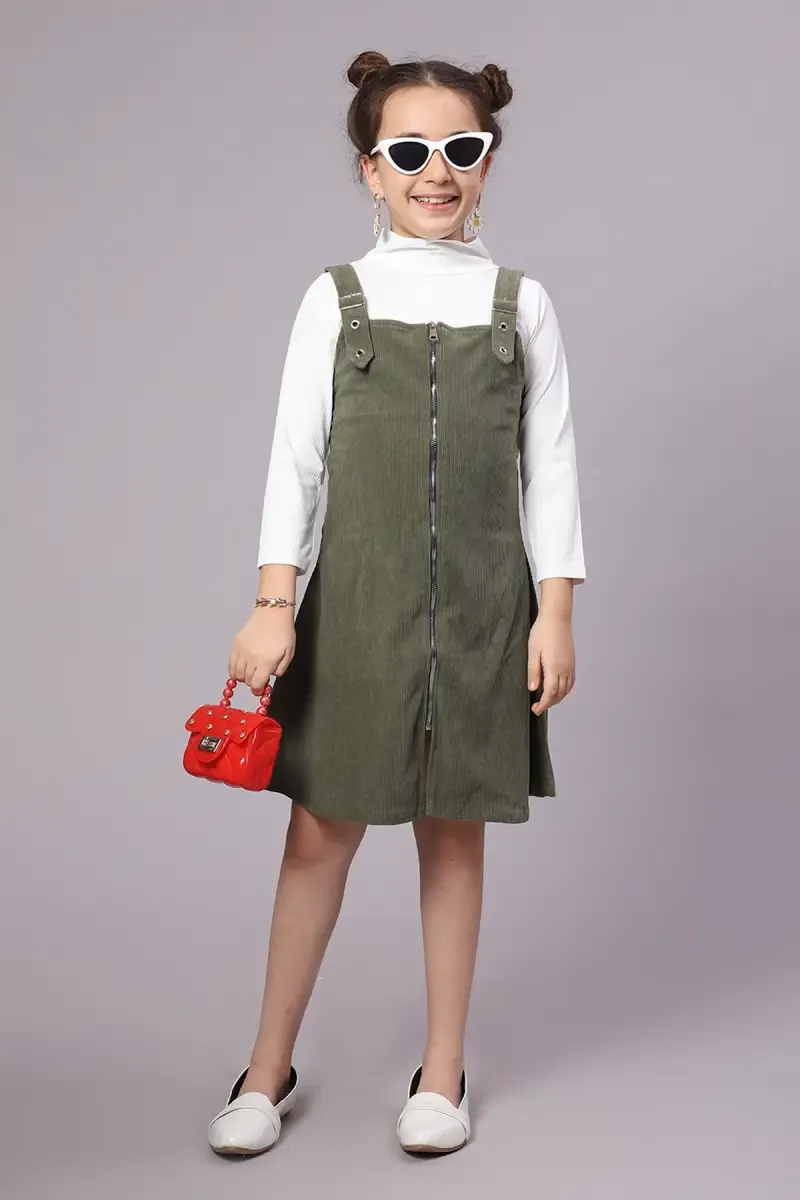 Girl's Corduroy Solid Dungaree Set (4-17 Yrs) 014796OLI1415YEA