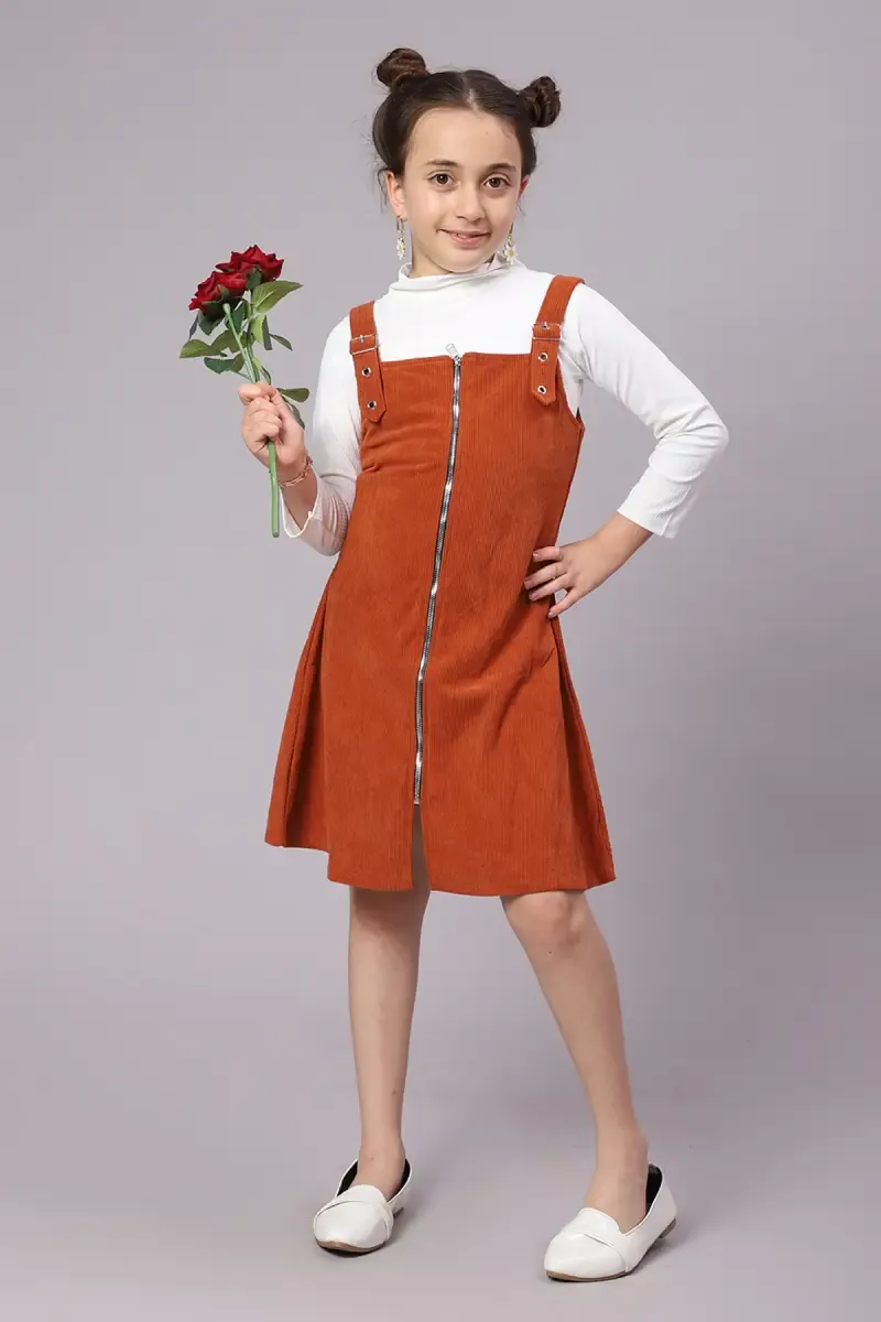 Girl's Corduroy Solid Dungaree Set (4-17 Yrs) 014796RUS1617YEA