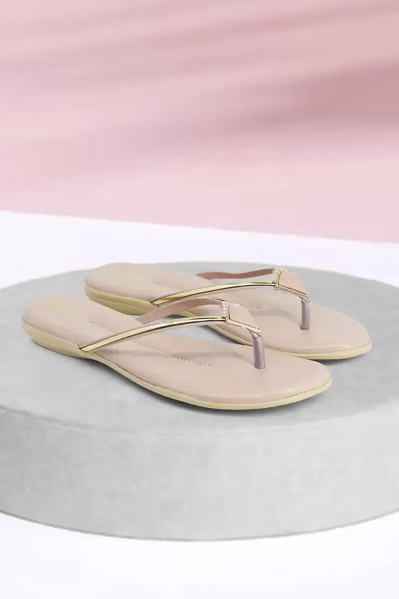 Elegant Slip-On Slippers with Gold Accents & Embellished Detail