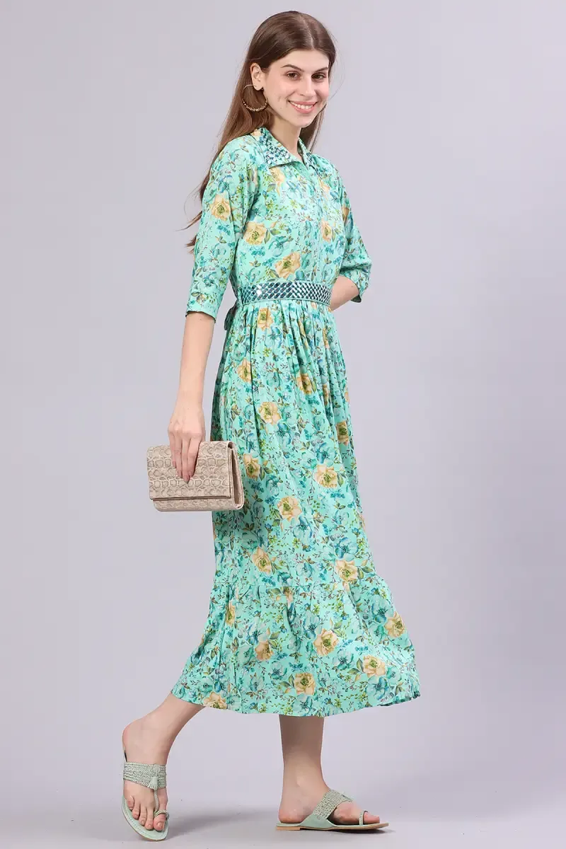 Rayon Printed Dress with Belt for Women 