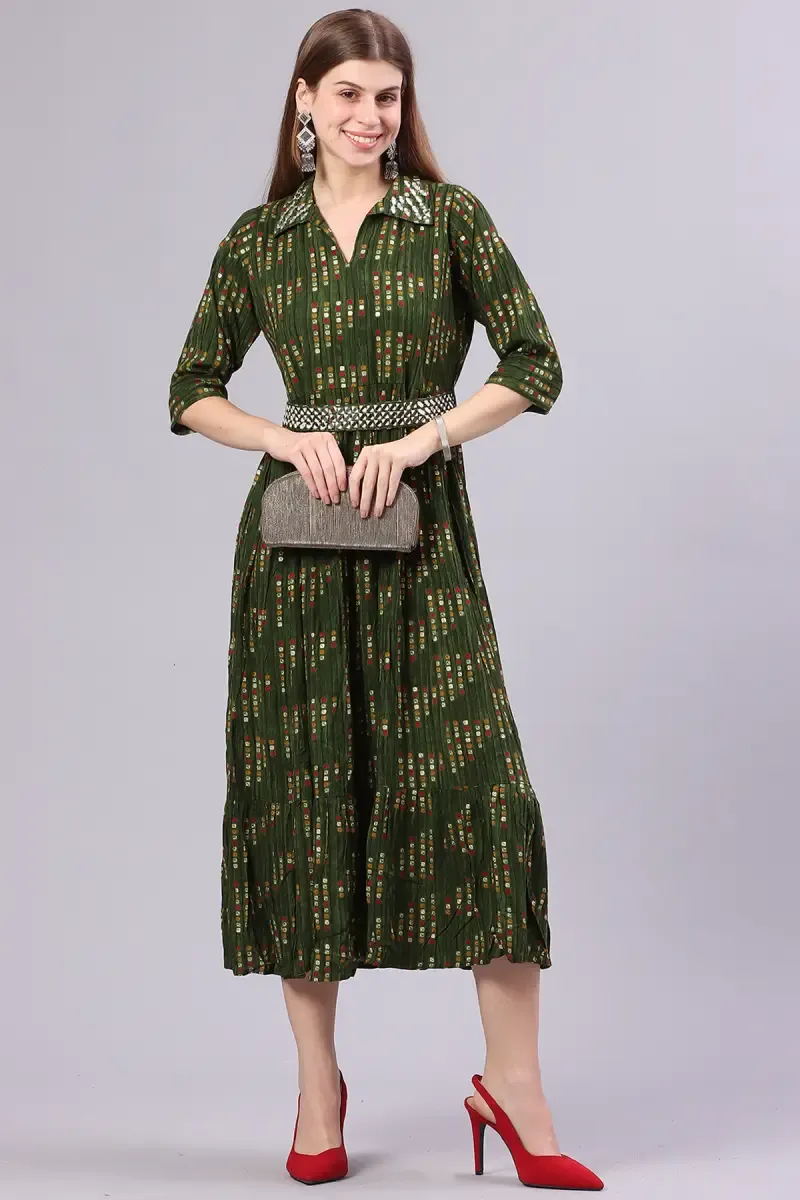 Rayon Printed Dress with Belt for Women