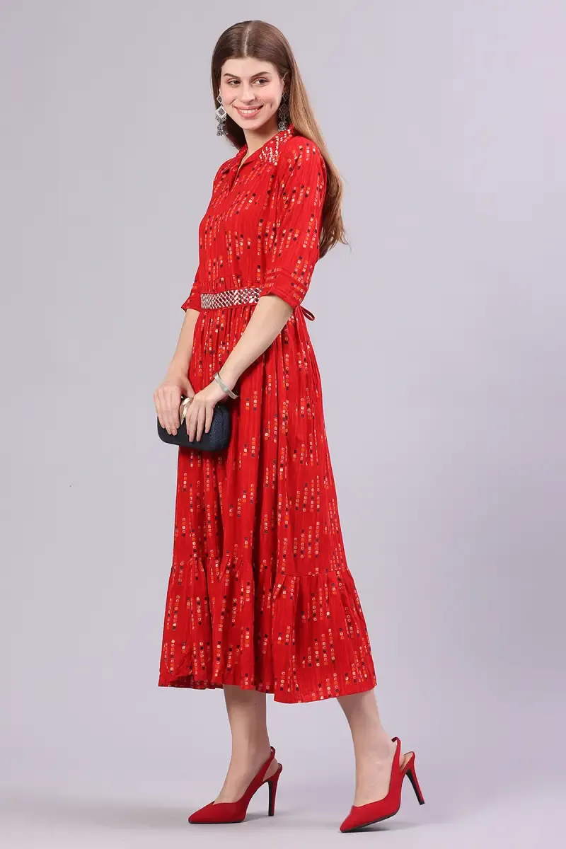 Rayon Printed Dress with Belt for Women 015049REDXL