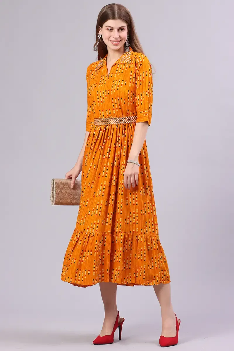 Rayon Printed Dress with Belt for Women 015049YELXL