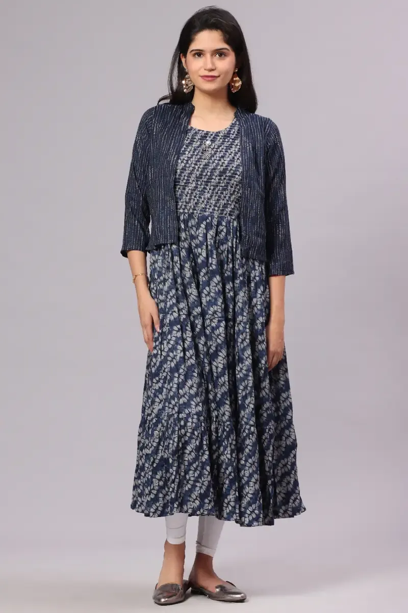 Cotton Blend Printed Dress with Jacket for Women 015088NAVBLUXXL