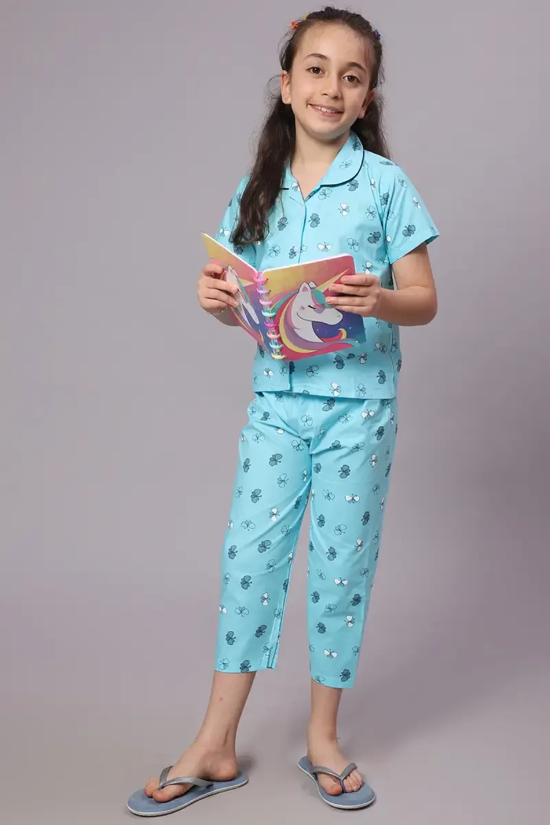 Girl's Cotton Blend Printed Pyjama Set (1 - 10 Yrs) 015126BLU910YRS