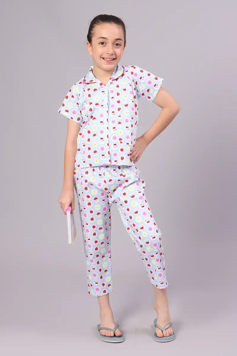 Girl's Cotton Blend Printed Pyjama Set (1 - 10 Yrs) 015153BLU34YRS