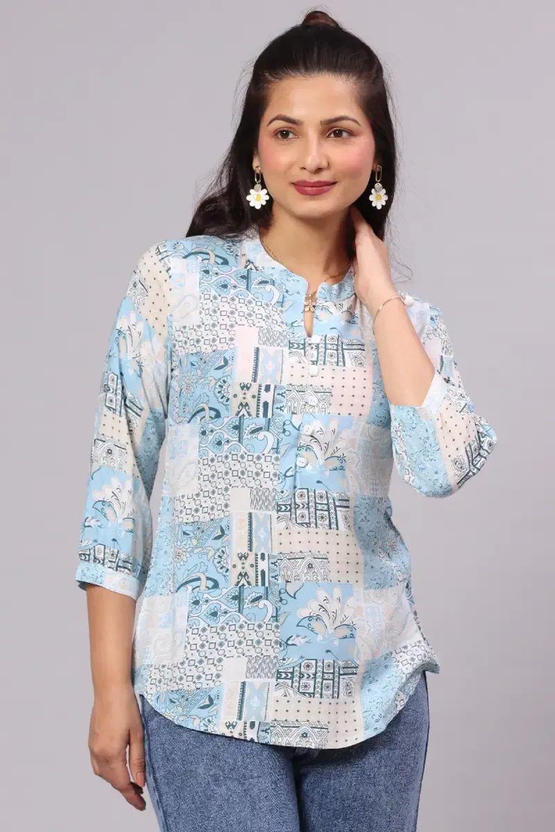 Polyester Crepe Printed Top for Women 015168XLSKYBLU