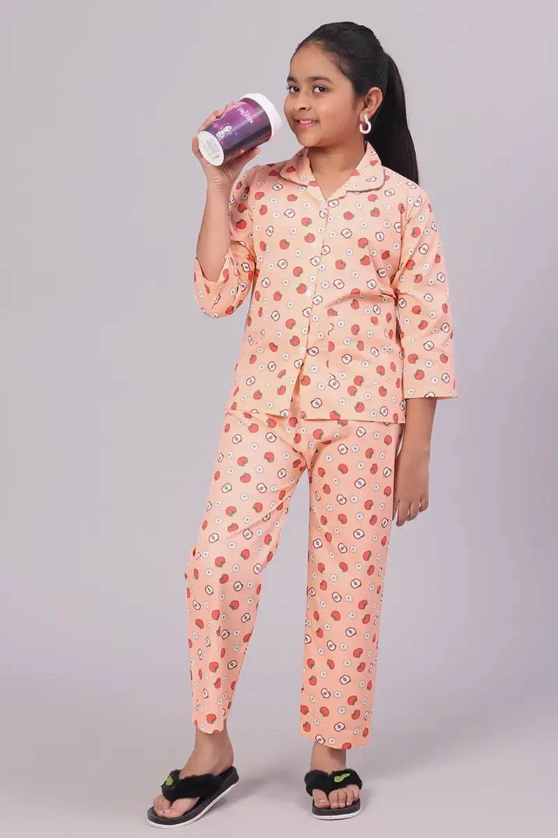 Girl's Cotton Blend Printed Pyjama Set (1 - 10 Yrs) 015188PEA56YRS