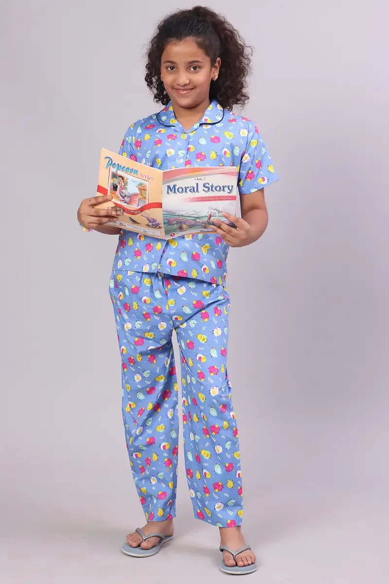 Girl's Cotton Blend  Printed Pyjama Set (1 - 10 Yrs) 015232BLU910YRS