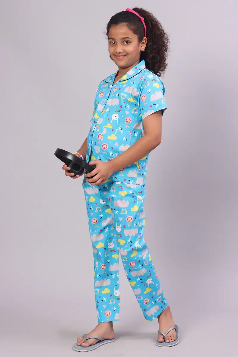 Girl's Cotton Blend Printed Pyjama Set (1 - 10 Yrs) 015238BLU56YRS