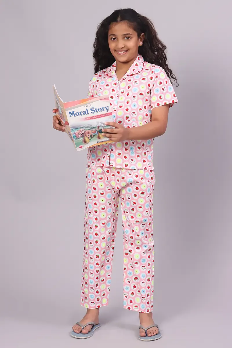Girl's Cotton Blend Printed Pyjama Set (1 - 10 Yrs) 015240BABPIN910YRS