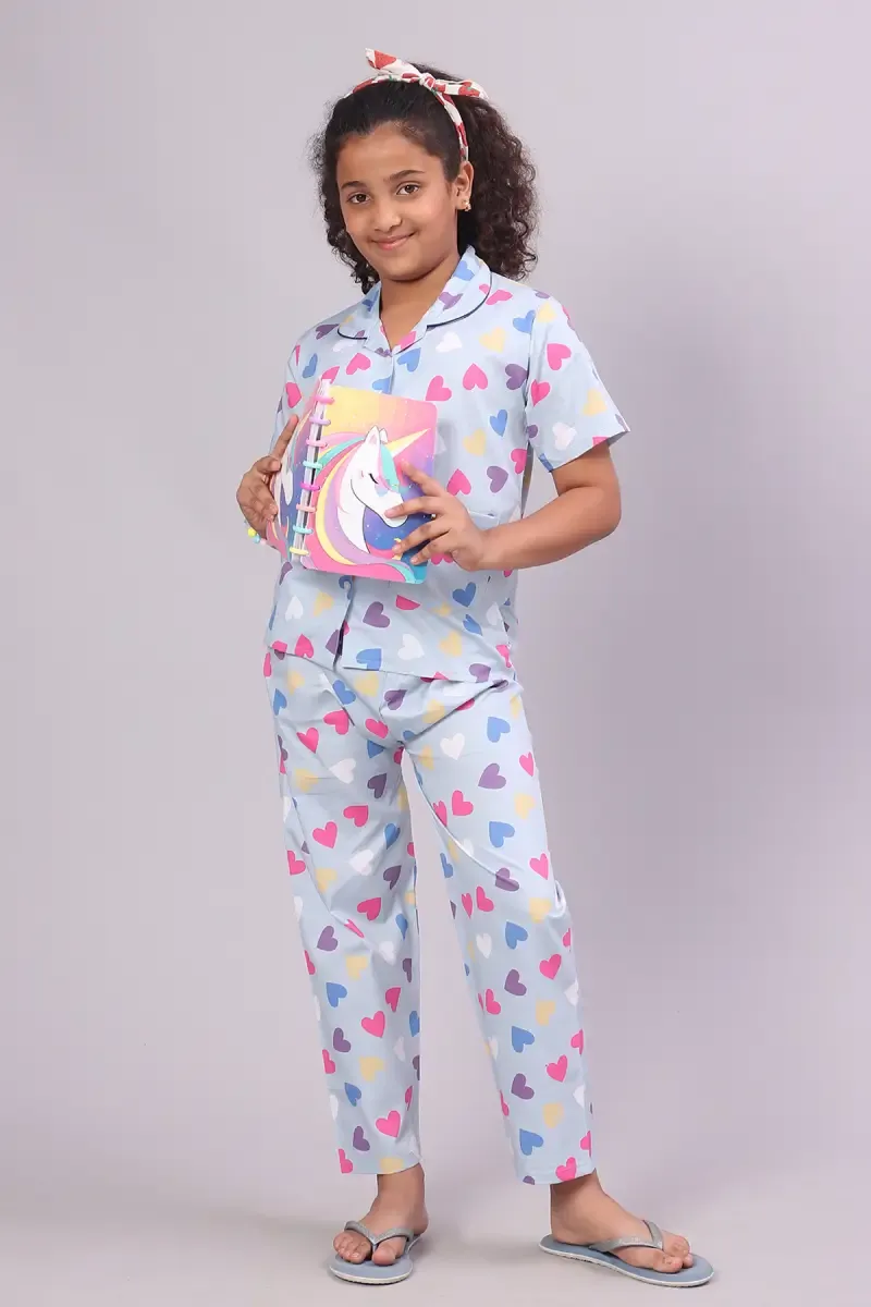 Girl's Cotton Blend Printed Pyjama Set (1 - 10 Yrs) 015246LIGBLU78YRS