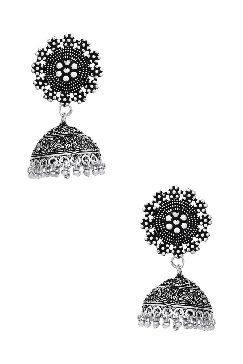 Oxidized Silver Floral Jhumki Earrings for Girls & Women