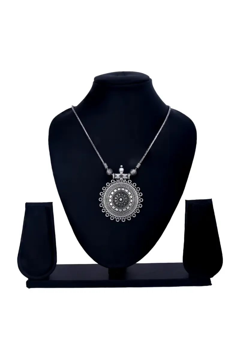 Antique Oxidized Silver Circular Pendant Necklace for Girls & Women